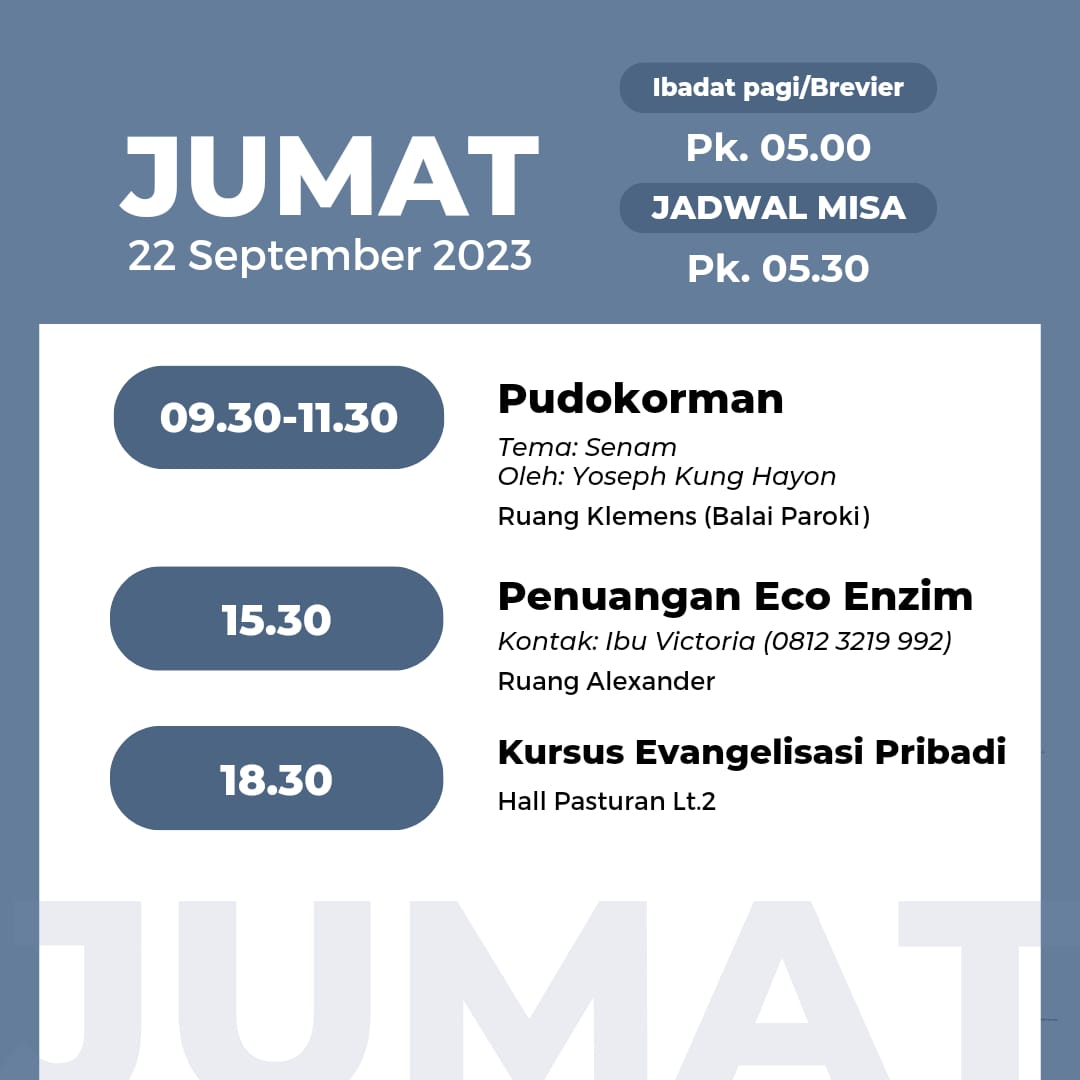 Jadwal Mingguan 22 September 2023 Paroki Santo Yakobus Surabaya