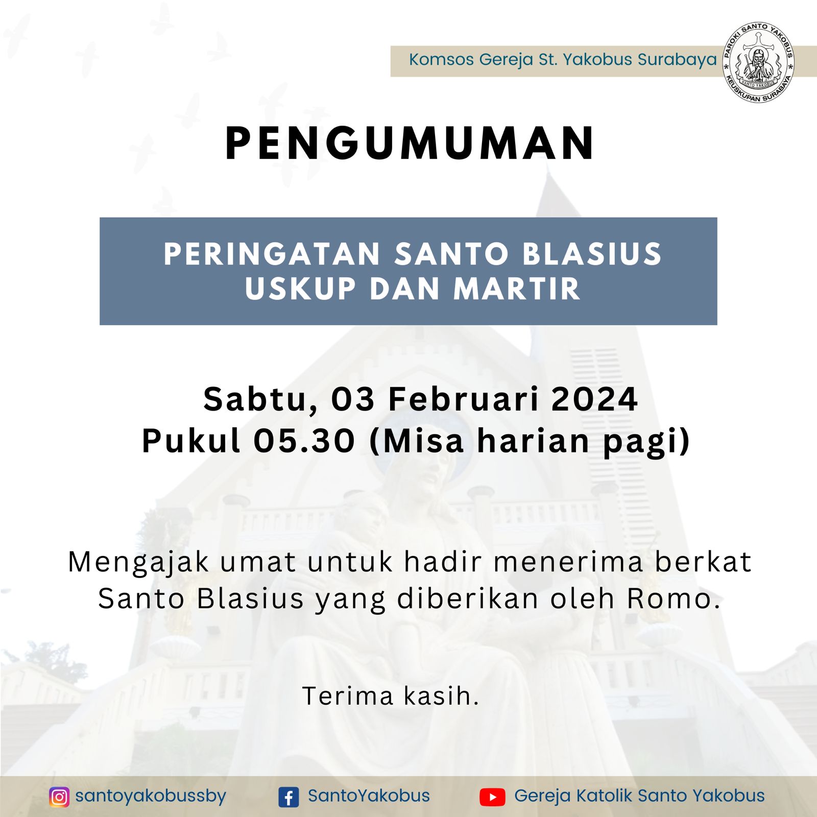Pengumuman Paroki Peringatan Santo Blasius Uskup dan Martir Paroki Santo Yakobus Surabaya